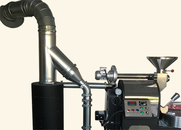 A coffee roaster connected to Nordfab qf ducting.