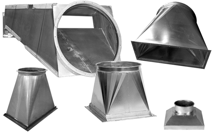 A collage of various Nordfab duct transitions and hoods.