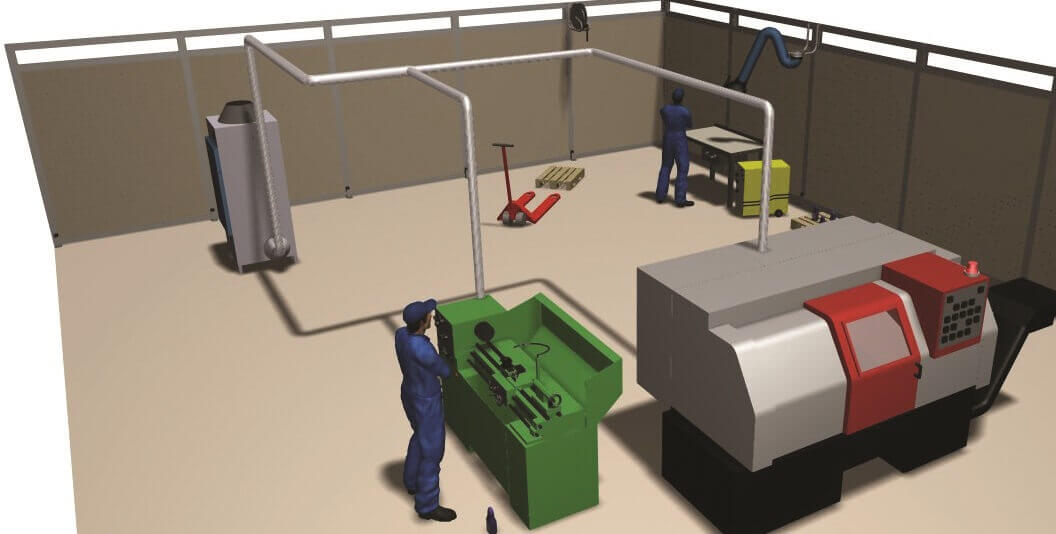 Oil mist ducting layout shown attached to various machinery.